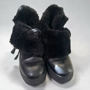 Y2K Faux Fur Fold Over Boots Womens Black Wrap Tie Ankle Boots Cozy EU 36 US 5.5